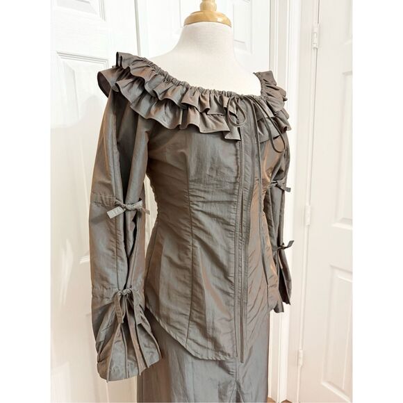 Lauren Vidal Drawstring Tie Ruffle Long Sleeve Midi Blouse Skirt Set Art to Wear - Picture 2 of 11